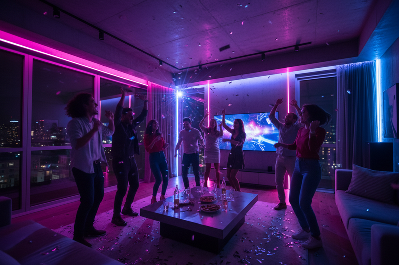 Home party scene at night, group of friends dancing and laughing, colorful smart LED ambient lighting changing colors (pink, blue, purple), music party vibe, LED lights synced with music, modern apartment, energetic atmosphere, motion blur for movement, vibrant colors, photorealistic, high contrast, cinematic party lighting, 4K lifestyle image
